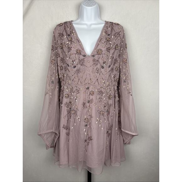 Asos Beaded Embellished Flare Sleeve Mini Dress Size 8 Purple Whimsigoth Fairy - Picture 1 of 12